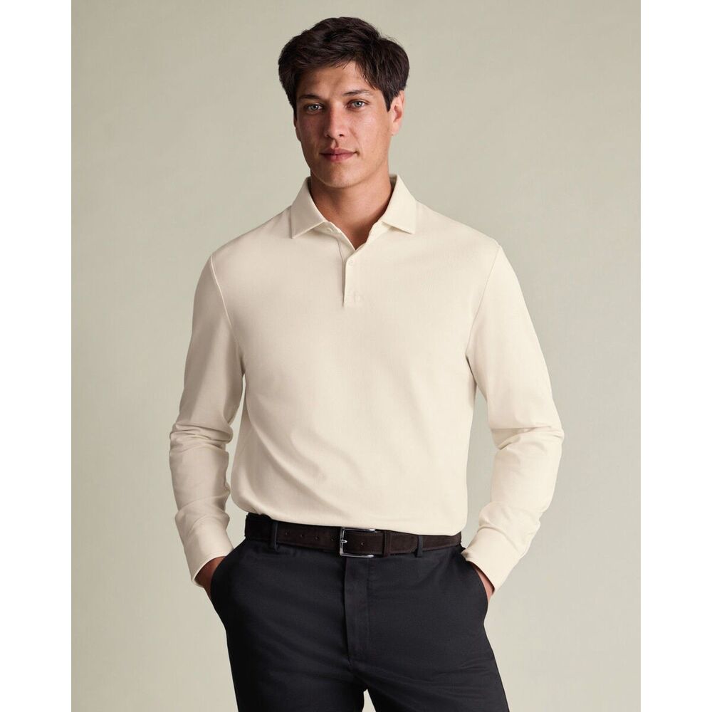 NWT Charles Tyrwhitt Long Sleeve Smart Pique Polo Cream XL
